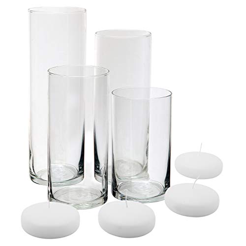 Royal Imports Glass Cylinder Vases - Set of 4 - Including 4 Floating DISC Candles Decorative Centerpieces for Home or Wedding