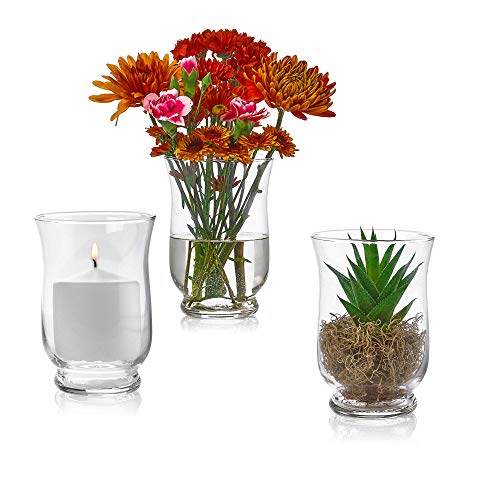 Set of 3 Glass Hurricane Vases 6 Inch Tall x 4 Inch Opening - Multi-use Pillar Candle Holder Flower Vase - Perfect as a Wedding Centerpieces Home Decoration
