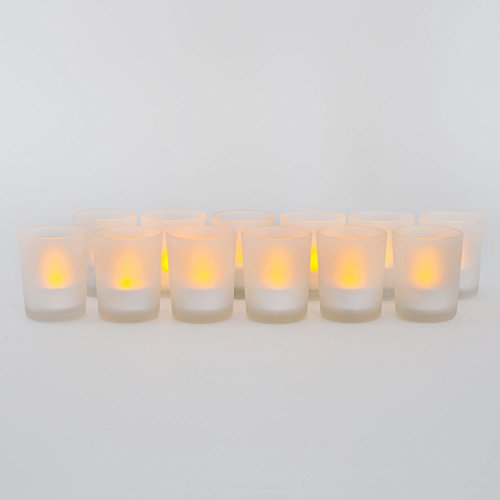 Set of 12 Warm White LED Flameless Tea Lights with Removable Glass Votive Holders Batteries Included