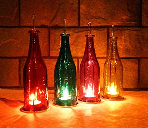 Set of 4 Hanging Bottle Candle Tea Light Holders Votive Bottle Glass Lantern w Bonus LED Flameless Candle for Outdoor Indoor Decoration Party Holiday Wedding Event