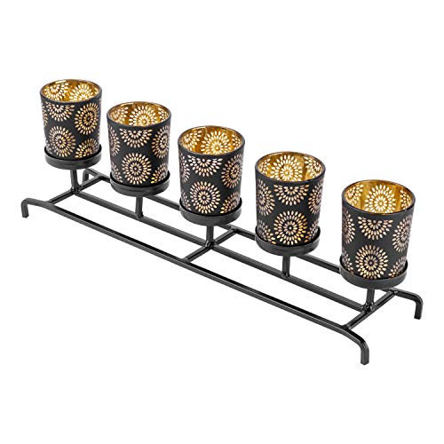 Bellezani Candle Holders Centerpiece - Tealight Candle Holder for Table 5 Glass Votive Candelabra Stylish Design for Dining Table Coffee Table Mantelpiece Home Décor Black