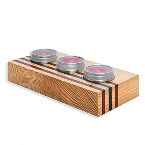 Firefly Candles Red Striped Solid Wood Candle Holder Centerpiece  Home Decoration Ideal for Coffee Table  Includes Three Candles