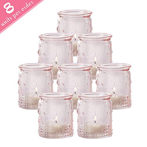 Kate Aspen Tea Light Holder 8 Pcs Vintage Glass Tealight Candle Holders Perfect Wedding Favor Bachelorette Favor or Bridal Shower Favor - Pink