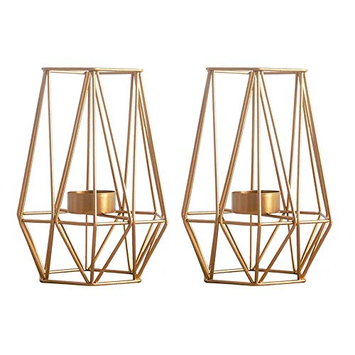 Nuptio 2 Pcs Metal Hexagon Shaped Geometric Design Tea Light Votive Candle Holders Iron Hollow Tealight Candle Holders for Vintage Wedding Home Decoration Gold L  L