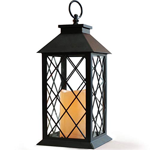 Bright Zeal 14 Tall Black Vintage Candle Lantern with LED Flickering Flameless Candles and Timer Batteries Included - Candle Lanterns Decorative - Indoor Outdoor Hanging Lights - Candles Holders