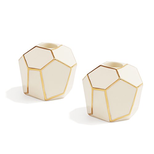 Geometric Modern Ceramic Candleholders with Gold Trim Set of 2 Ivory Porcelain Candle Holder Taper Candle Size