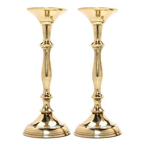Hosley Set of 2 Gold Metal Pillar Candle Taper Holders 10 Inch High Great for Weddings Birthday Decor Party Spa Gifts O5