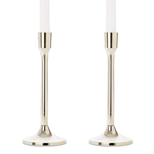 LampLust Tall Taper Candlestick Holder - Set of 2 Gold Metal Finish 9 Height for Wedding Centerpieces Events and Home Decor Fits Standard 34 Inch Slim Candles
