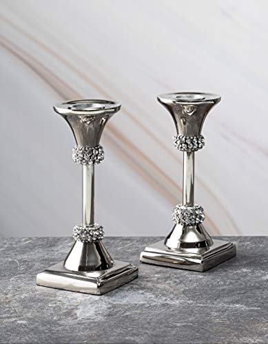 Leraze Taper Candle Holder with Diamond Crystals for Wedding Birthday Dining Table Anniversary Celebration Modern Centerpieces Set of 2 Decorative Silver Candle Sticks