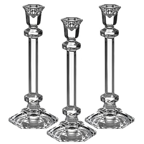 Light In The Dark Set of 3 Glass Candle Stick Holders - Hexagonal Taper Candles Holder - for Candlestick Dinner Candles Party and Wedding Centerpieces Table Decoration 95 Inch Tall