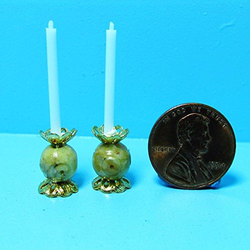 Dollhouse Miniature Unique Candlesticks with Candles Khaki Green Jade Gold - My Mini Fairy Garden Dollhouse Accessories for Outdoor or House Decor