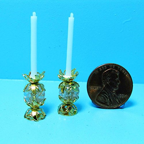 Dollhouse Miniature Unique Candlesticks with Candles Rose Crystal with Gold - My Mini Fairy Garden Dollhouse Accessories for Outdoor or House Decor