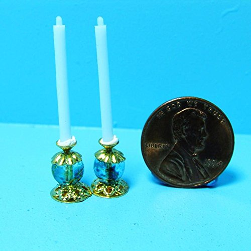 Dollhouse Miniature Unique Candlesticks with Candles Teal Spotted Crystal Gold - My Mini Fairy Garden Dollhouse Accessories for Outdoor or House Decor