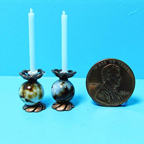 Dollhouse Miniature Unique Candlesticks with Candles in Marble Browns Bronze - My Mini Fairy Garden Dollhouse Accessories for Outdoor or House Decor