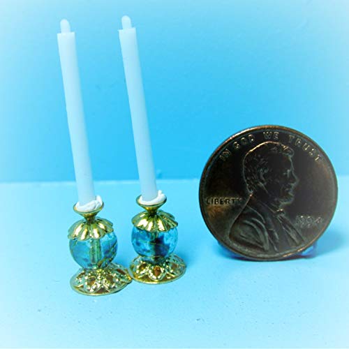 Dollhouse Unique Candlesticks Candles Teal Spotted Crystal Gold KL1795 - Miniature Scene Supplies Your Fairy Garden - Doll House - Outdoor House Decor