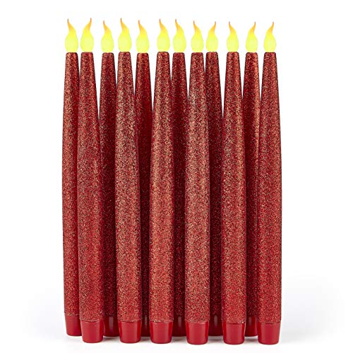 Furora LIGHTING Red LED Taper Candles Flameless Taper Candles Battery Operated Taper Candles Electric Flickering and Dripless Led Candlesticks with 6 Hour Timer Function - Red Pack of 12