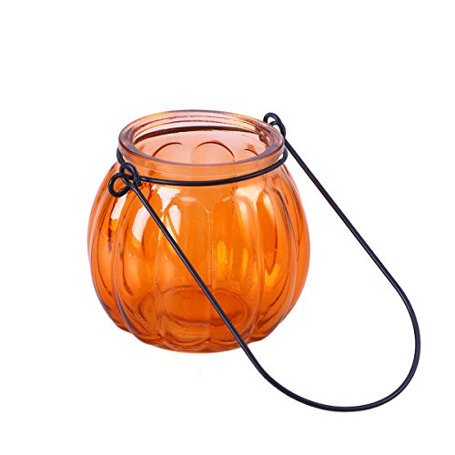 Uonlytech Hanging Candle Holders Halloween Pumpkin Glass Tealight Candle Holder Party Wedding Halloween Home Decor Orange