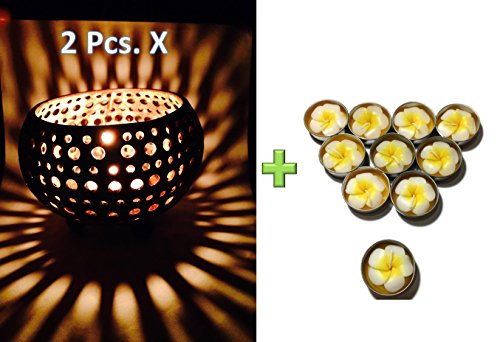 2 Pieces X Lovely Coconut Shell Tea Light Candle Holder with Free Frangipani Flower Tea Light Scented Candle Genuinely Handmade for Home Room Patio Party Decor
