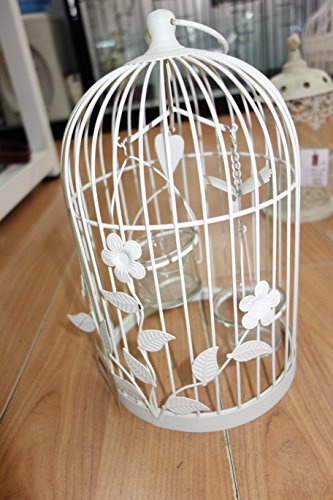 Exquisite Birdcage Shaped Candle Stand Shabby Chic White Wrought Iron with 2 Candlestick Holder