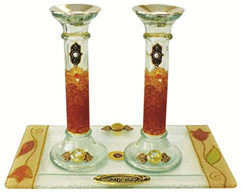 Ultimate Judaica Candle Stick With Tray Large Applique - Colorful - Tray 10 W X 5 L - Candlesticks - 75 H