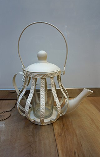Very unique kettle Shaped Candlestick Holder Shabby Chic White Wrought Iron