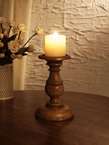 Ardour Distressed Natural Wooden Pillar Candle Holder for Home Decor FireplaceWeddingTable Top Accessories - 8 Inches