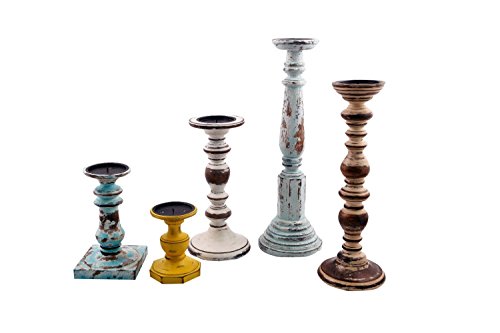 Benjara Multicolor BM41141 Wooden Pillar Shaped Candleholder Set of 5