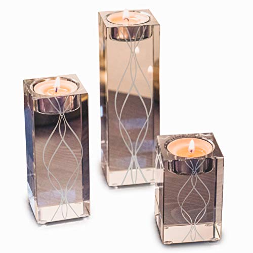 OVLUXE Large Crystal Candle Holders Set of 3 Luxury Elegant Engraved Square Clear Glass Pillar Tealight Candle Holder Table Centerpieces Set Ornaments Ideal for Glamorous Weddings and Home Decor