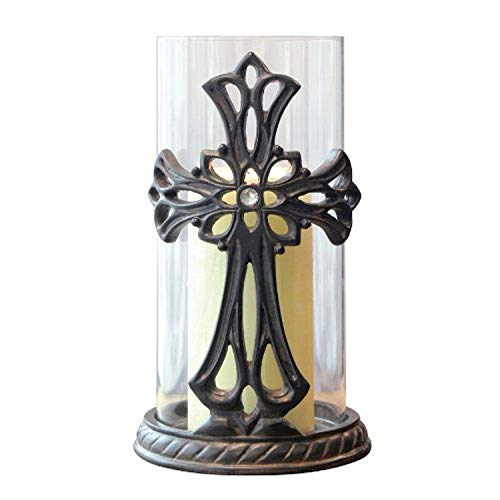 Stonebriar Decorative Glass Hurricane Pillar Candle Holder with Bronze Metal Base and Jeweled Cross Detail Religious Home Decor Accessories Decoration for Mantel Table Top or Prayer Alter