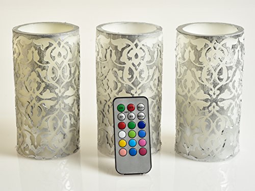 Damask Fleur De Lis Embossed Flameless Candles - Set of 3 Decorative Floral Design Real Wax Candles Multicolor and Realistic Style Electric LED Flame with Remote Control and Timer