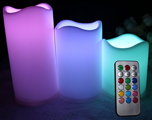 Flameless LED Indoor Outdoor Candles with Remote Control - 12 Colors to Suit Any Mood Even Bedroom Dining or BBQ - 3 Candle Set Height 3 4 5 Diameter 3 Starter Batteries included - Works right out of the box 1 Year No-Quibble Guarantee