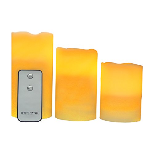 Koramzi 3-piece Gorgeous Flameless Candles Real Wax Weatherproof LED Candle Set with Remote Control Timer 100 Hrs of Extended Light Timeyellow