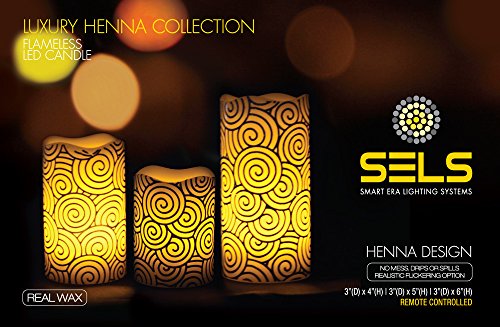 SELS Candles Flameless Real Wax Henna Candles Luxury Collection Batteries Included Remote Control Candles 3 candle Set Pillar Candle Centerpiece