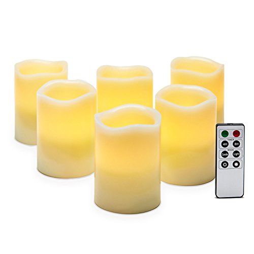Set of 6 Ivory Melted Edge 4 Flameless Wax Pillar Candles with Remote- Batteries Included