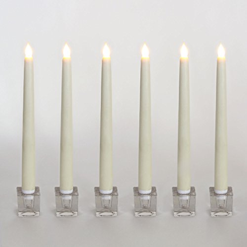 Set of 6 Smooth Ivory 10 Flameless Wax Vigil Taper Candles with Glass Holders- Batteries Included