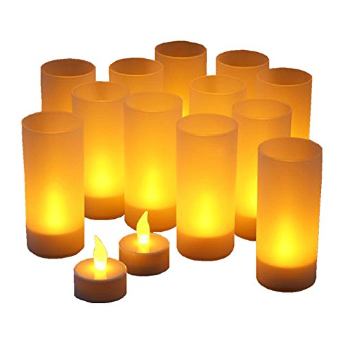 LED Flameless Tealight Megadream Rechargeable Portable 12 Tea Light Candles with Flickering Amber LED Holders with Charging Station for Decoration Festivals Weddings Christmas - Last 10 to 12 Hours