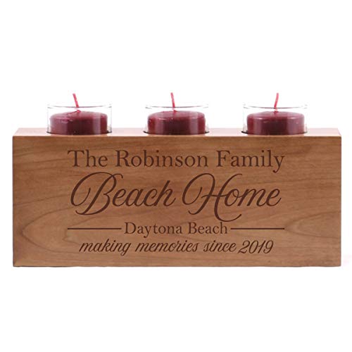LifeSong Milestones Personalized Family Beach Handcrafted Candle Holder Decor Gift - Custom Housewarming Engraved Cherry Wood Keepsake Ideas for Loved One 10 L x 4 H Beach Home