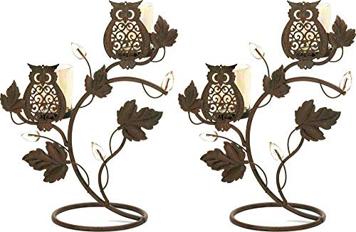 2 Pc Lot Wise Owl Duo Stand Two Glass Candle Cups Iron Vines Leaves Flower Buds TkGreat