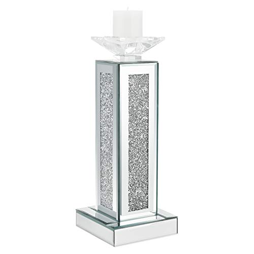 Meetart Crush Diamond Crystal Clear Silver Mirror Glass Tall Pillar Taper Candle Holder Big Candle Cup Elegant Ideal For Wedding Centerpieces and Home Decoration Candles not included