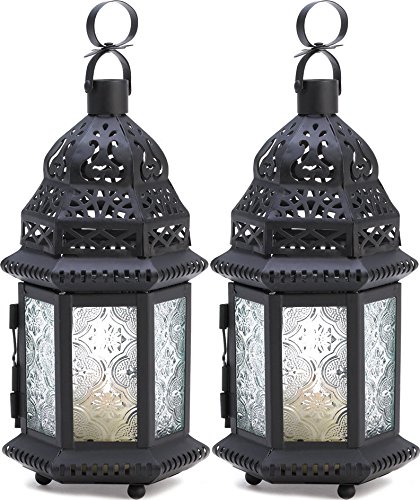 2 Pcs Candle Lantern Black Metal Holder Moroccan Glass Hanging Wedding Lanterns