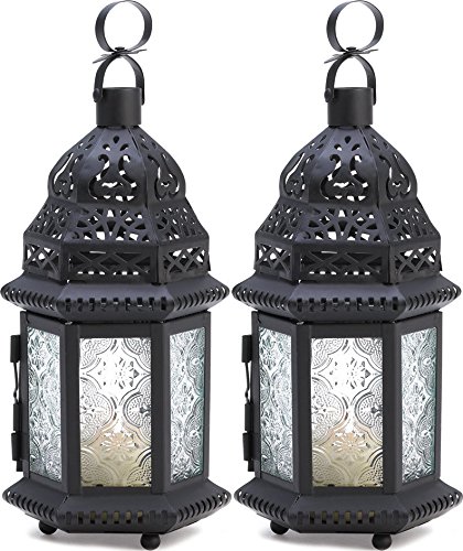 2 Pcs Candle Lantern Black Metal Holder Moroccan Glass Hanging Wedding Lanterns