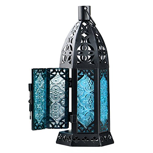 Lilys Gift Glassmetal Moroccan Delight Garden Candle Holder Tablehanging Lantern Blue
