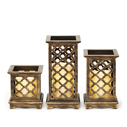 Set Of 3 Flameless Bronze Wood Moroccan Lanterns With Water Resistant Ivory Candles And Warm White Leds Batteries