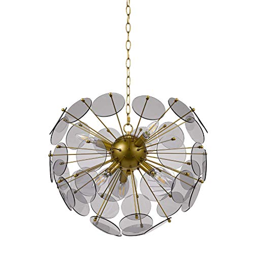 Rivet Modern Smoke Glass Sputnik 6 Light Hanging Ceiling Pendant Chandelier Fixture With 6 LED Candle Bulbs - 20 x 20 x 17 Inches Gold