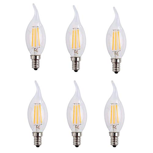 Pack of 6 4W LED Flame Filament Candle Light Bulb E14 Edison Screw Classic Candle Bulb AC 110-120V Warm White 2700K 400LM 40W Equivalent Incandescent Replacement
