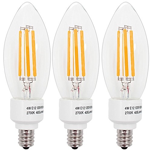 TORCHSTAR 4W E12 LED Filament Candelabra Bulbs Soft White 2700K Vintage LED Candle Light 40W Incandescent Equivalent 400lm 360° Beam Angle for Chandelier Wall Sconces Pendant Lighting 3 Pack