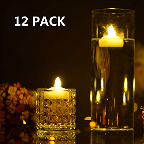 Idubai Floating Tea Lights Updated Waterproof Flameless LED Candles Battery Operated Realistic and Bright Flickering Led Tealight for Votive Wedding Party Festival Pool SPA Warm White 12 Pack