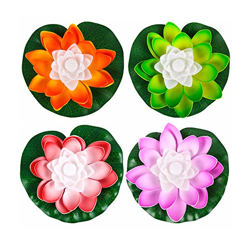 superdream 7 Color Batteries Operated Lotus LED Candle Floating Candle Flameless Candle Light Beautiful Festival Lamp and Decoration for Home Garden Pond Pack of 4 Orange Green Red Purple