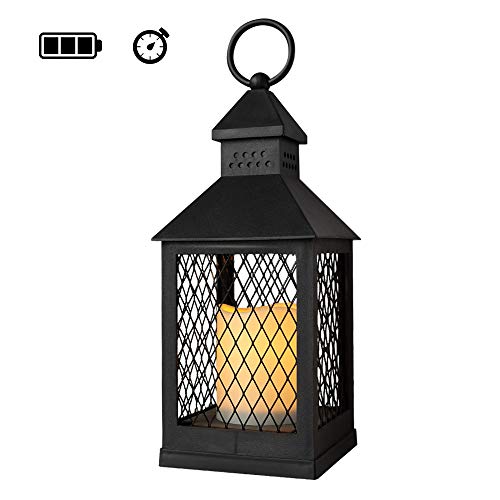 Wondise Outdoor Flameless Candles Lantern Decorative Battery Operated with 6 Hour Timer Black Vintage Hanging LED Candle Lantern Heat Resistant Christmas Indoor Outdoor Decor4 x 4 x 11 Inches