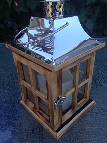 Rustic Indoor  Outdoor LED CANDLE LANTERN with TIMER Wood with Chrome Roof 10H x 55 Square